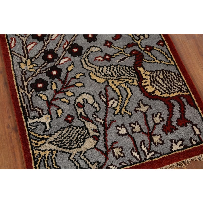 Animals Design Gray Ziegler Indian Runner Rug Handmade Wool Carpet - 2'5"x 6'0"