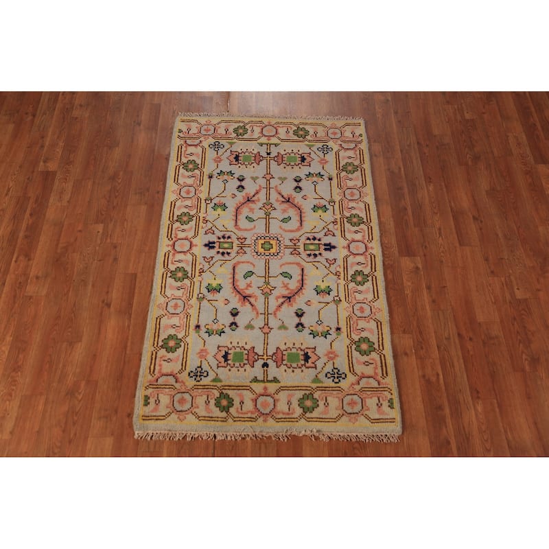 Transitional Beige Oushak Indian Foyer Rug Hand-Knotted Wool Carpet - 2'11"x 5'0"