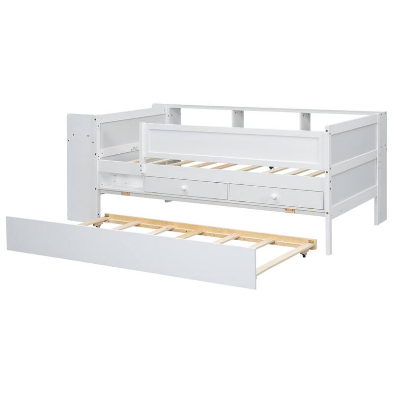 Multi-Functional Twin Size Daybed with 2 Drawers and Twin Size Trundle, Wooden Sofa Bed Frame w/ Headboard Storage & Study Desk