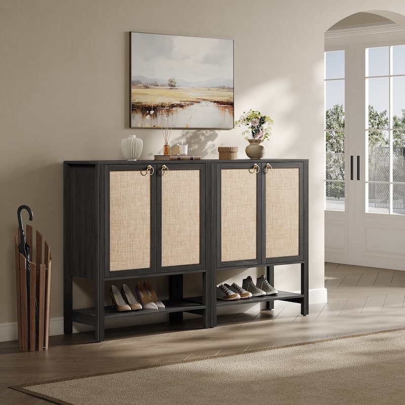Rattan - Doors Shoes Cabinet with Adjustable Interior