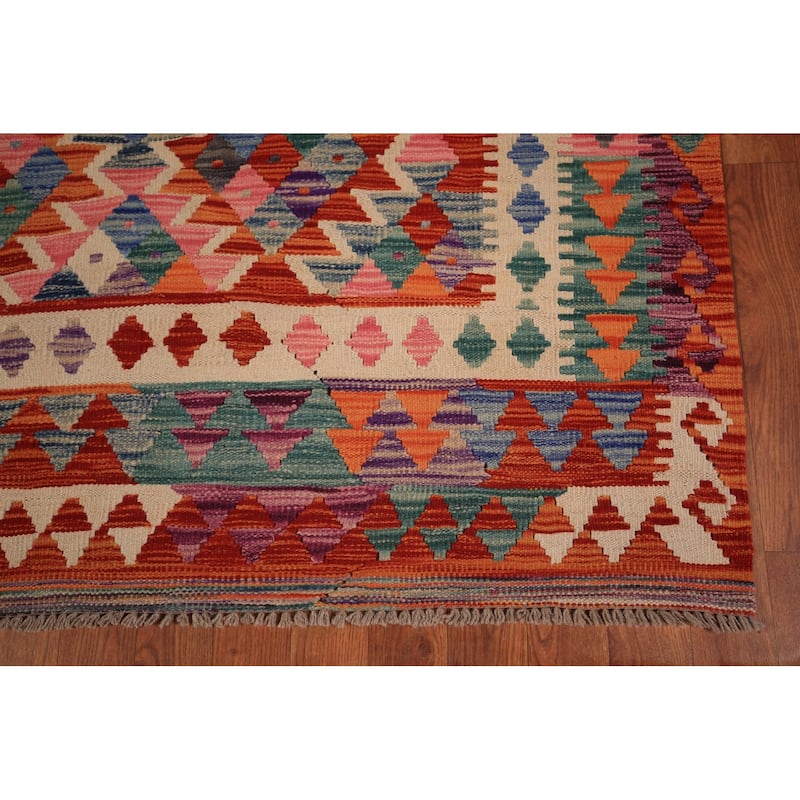 Reversible Kilim Area Rug Hand-Woven Geometric Orange Wool Carpet - 8'6" x 11'1"
