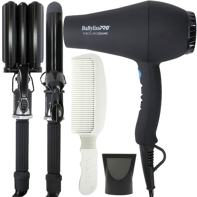 BaByliss Pro Porcelain Ceramic Gift Box (Dryer, Waver, Curling Iron) Black #BPPP7 + Wahl Flat Top Comb White #3329-100 - Black