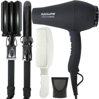 BaByliss Pro Porcelain Ceramic Gift Box (Dryer, Waver, Curling Iron) Black #BPPP7 + Wahl Flat Top Comb White #3329-100