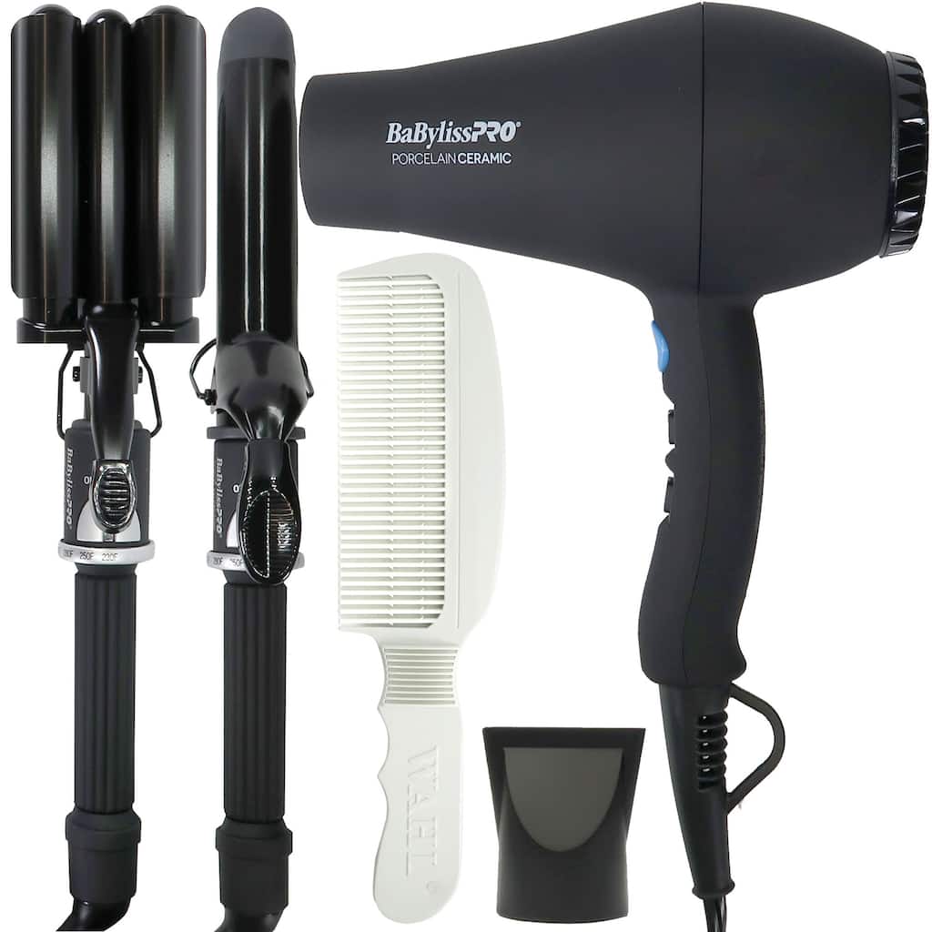 BaByliss Pro Porcelain Ceramic Gift Box (Dryer, Waver, Curling Iron) Black #BPPP7 + Wahl Flat Top Comb White #3329-100
