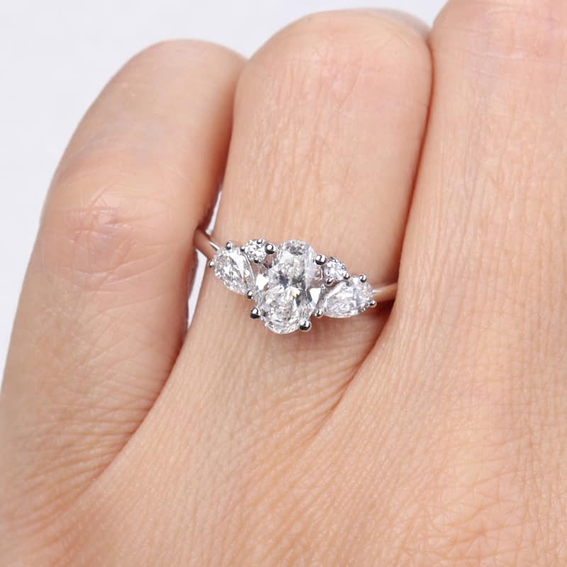 1 1/2ct TDW Oval and Pear Lab-Grown Diamond Engagement Ring in 14k White Gold