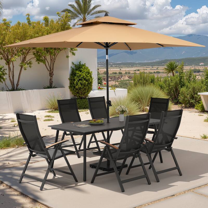 9PC Outdoor Patio Dining Set Aluminum Table with Folding Armchairs w/ Premium Market Umbrella Sets - GreyTable&BlackChairs&TanUmbrella