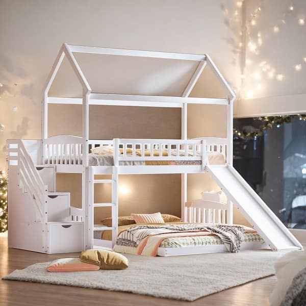 slide 2 of 20, Wooden Twin-Over-Twin Bunk Bed with Slide, Multifunctional House Bed with 2 Storage Drawers White