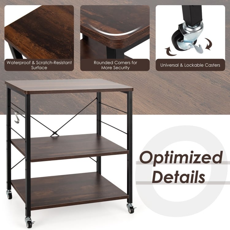 3-Tier Kitchen Baker's Rack Microwave Oven Storage Cart with Hooks - 23.5" x 16" x 29" (L x W x H)