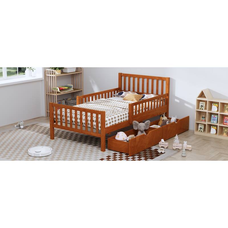 Twin Size Wood Platform Bed with Guardrails on Both Sides and Two Storage Drawers, Walnut