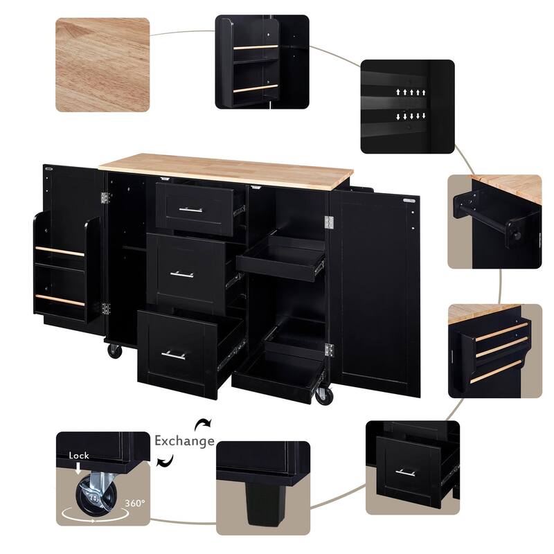 Rubberwood Kitchen Cart with Internal Storage Rack, Spice Rack, 2 Slide-Out Shelf, and 3 Drawer