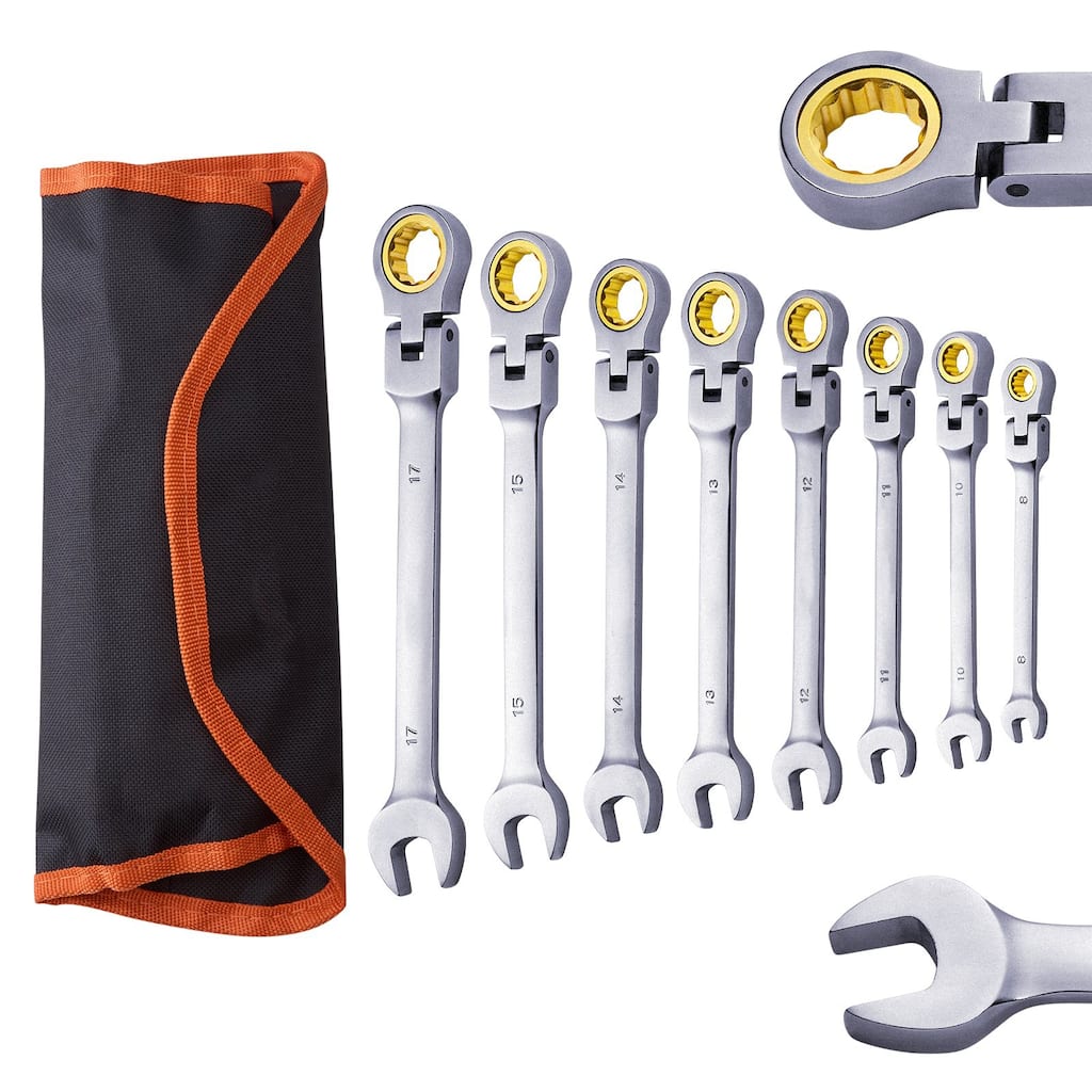 8 Pieces Antique Bronze Steel Flex Head Ratchet Wrench Set with 72 Tooth Adjustable and Bag - 10.2 x 2.8 x 2.2 in
