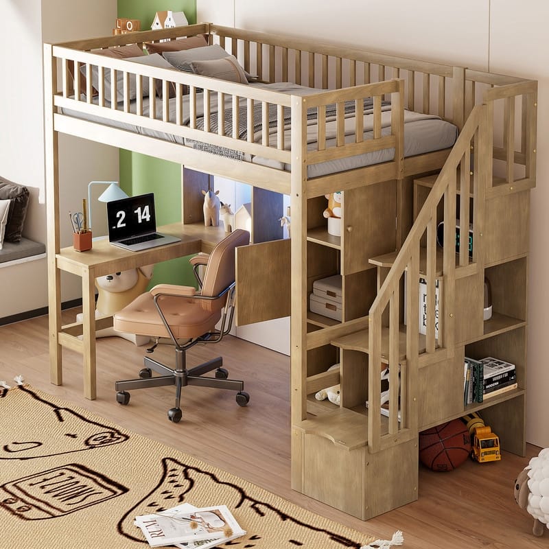 Wood Twin Size Loft Bed with Built-in Desk, LED, Storage Shelves, Cabinets and Staircase