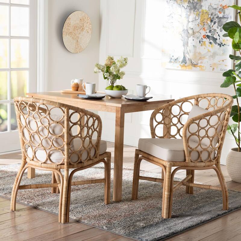 Prisca Natural Rattan Dining Chair with Bubble Frame - Handwoven Wicker Accent Chair with Round Back and Removable Cushions