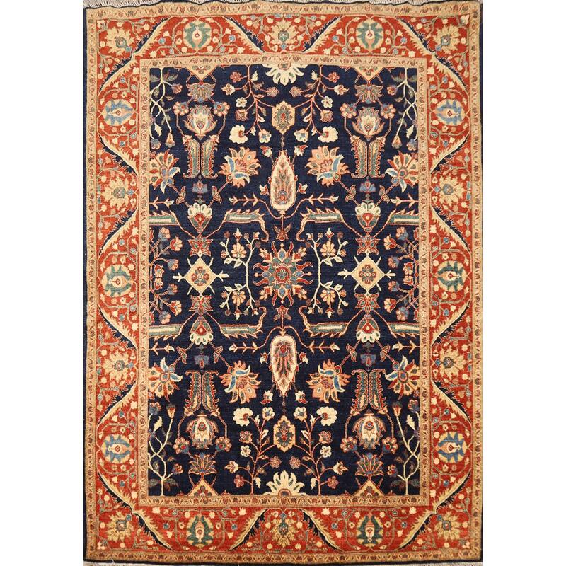 Vegetable Dye & Navy Blue Tabriz Persian Rug Hand-Knotted Wool Carpet - 5'0"x 6'7"