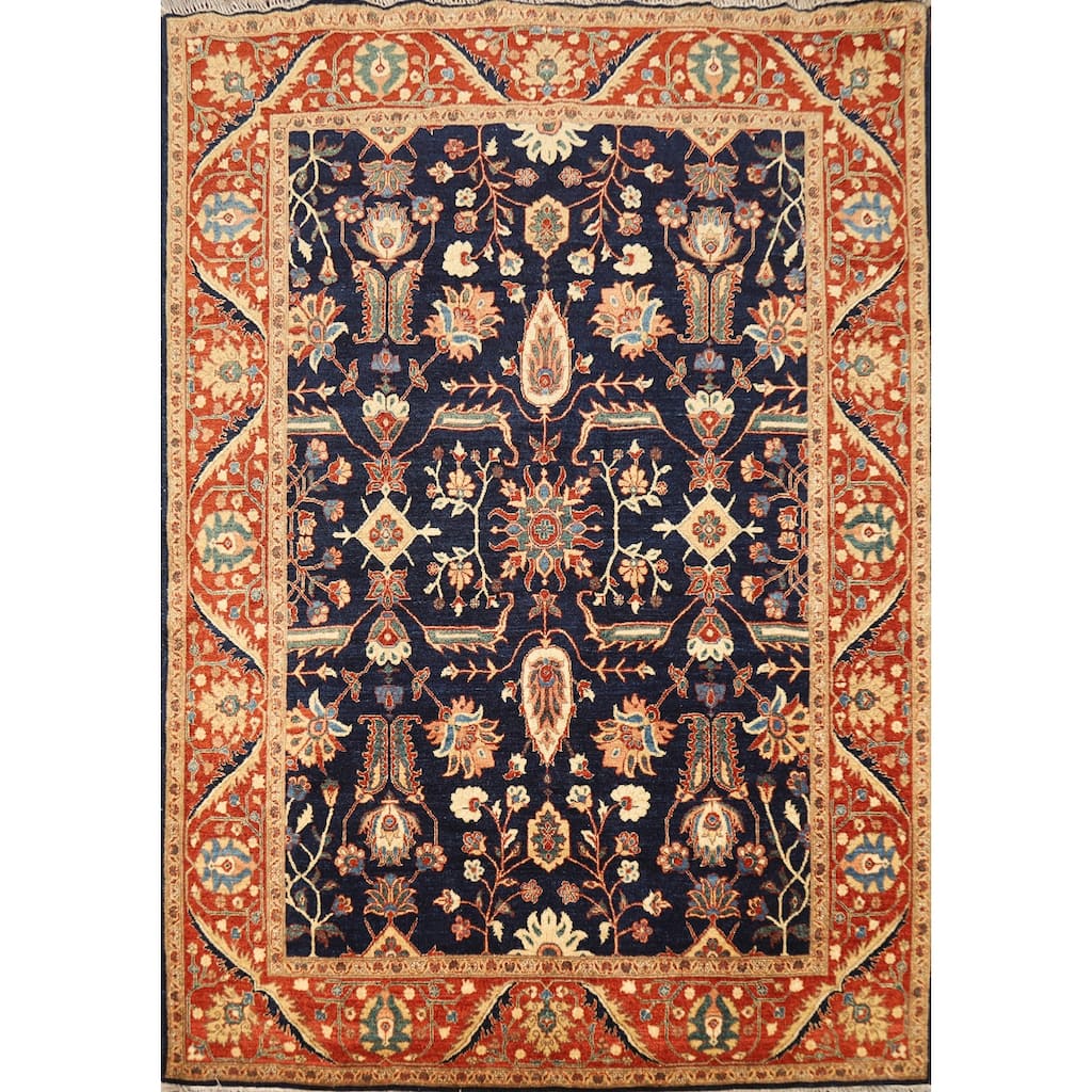 Vegetable Dye & Navy Blue Tabriz Persian Rug Hand-Knotted Wool Carpet - 5'0"x 6'7"