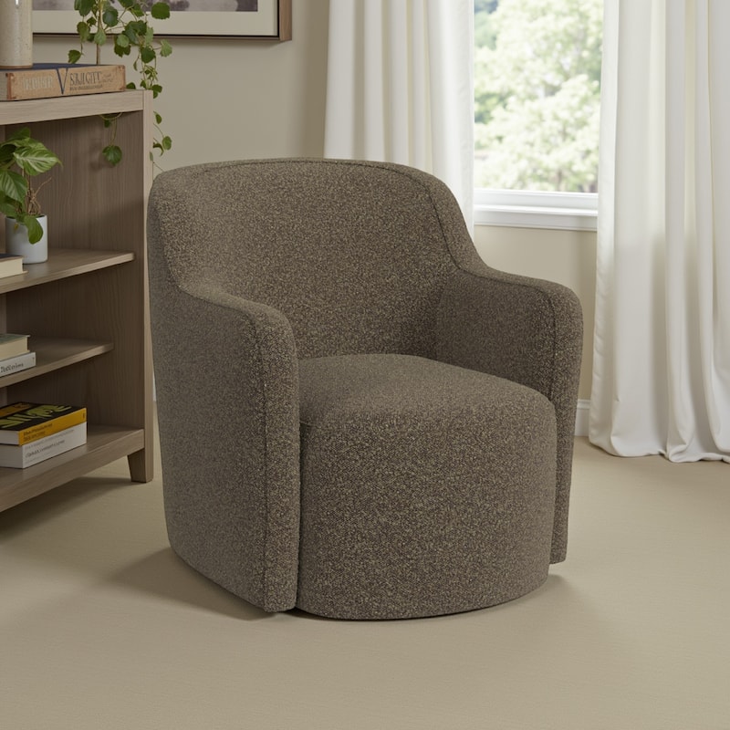 Kopi Swivel Accent Club Chair, Dark Brown Boucle, Curved Backrest - Brown