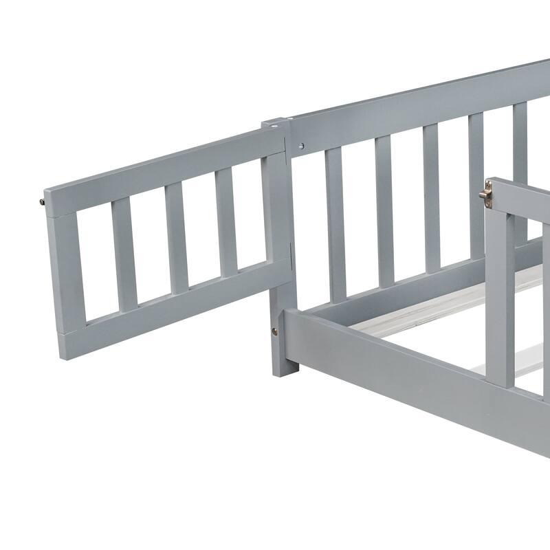 Full Size Grey Rubber Wood Floor Bed with Safety Guardrails and Door