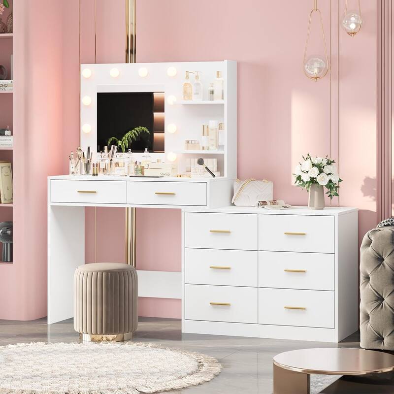 61" Make Up Vanity Desk 3 Lighting Modes Vanity Organizer with Adjustable Brightness - White - 8-drawer