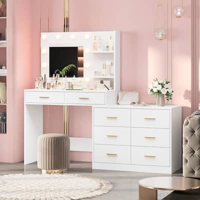 61" Make Up Vanity Desk 3 Lighting Modes Vanity Organizer with Adjustable Brightness