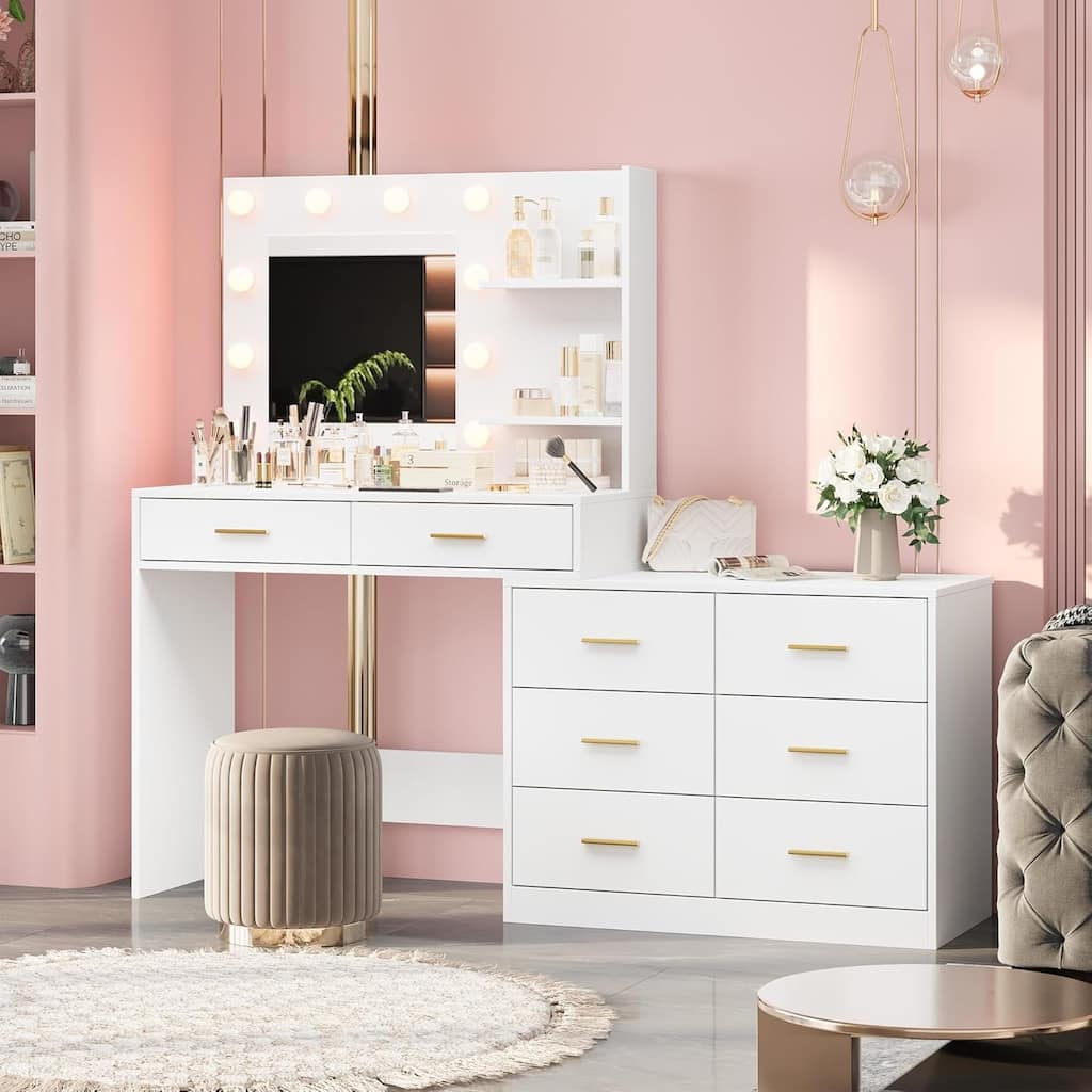 61" Make Up Vanity Desk 3 Lighting Modes Vanity Organizer with Adjustable Brightness
