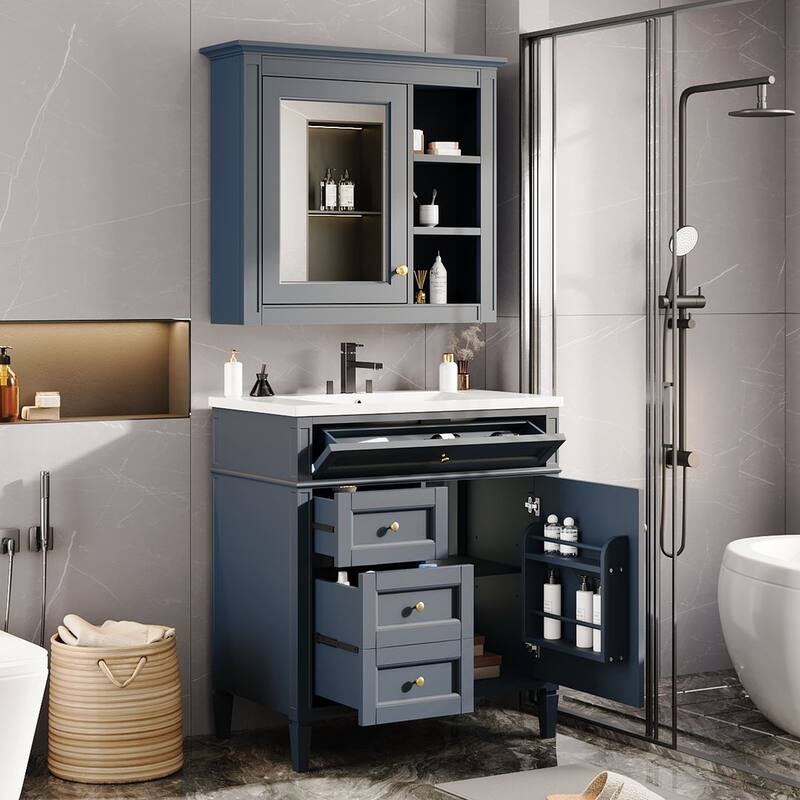 30" Modern Bathroom Vanity with Top Sink and 2 Drawers and a Tip-out Drawer