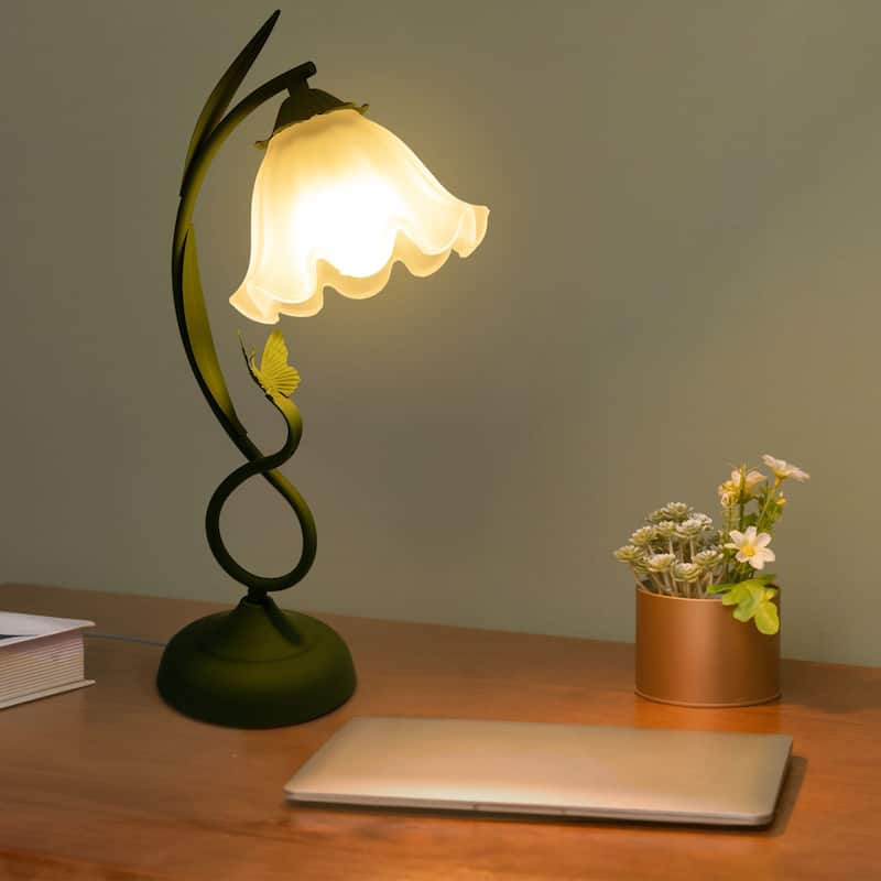 Glass Flower-shaped Bedside Dining Table Lamp - Green