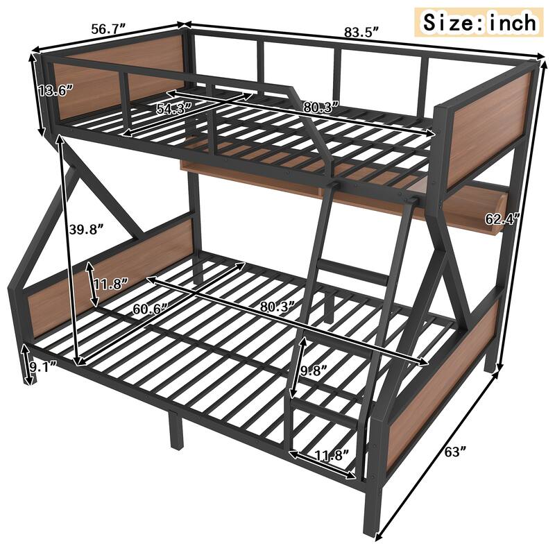 Full XL/Queen or Full+Storage Board/Queen Bunk Bed, Metal Bunk Bed with Storage Shelves and Lights
