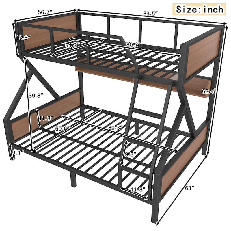 Queen over King/Queen over Full Metal Bunk Bed with Storage Shelves & Lights