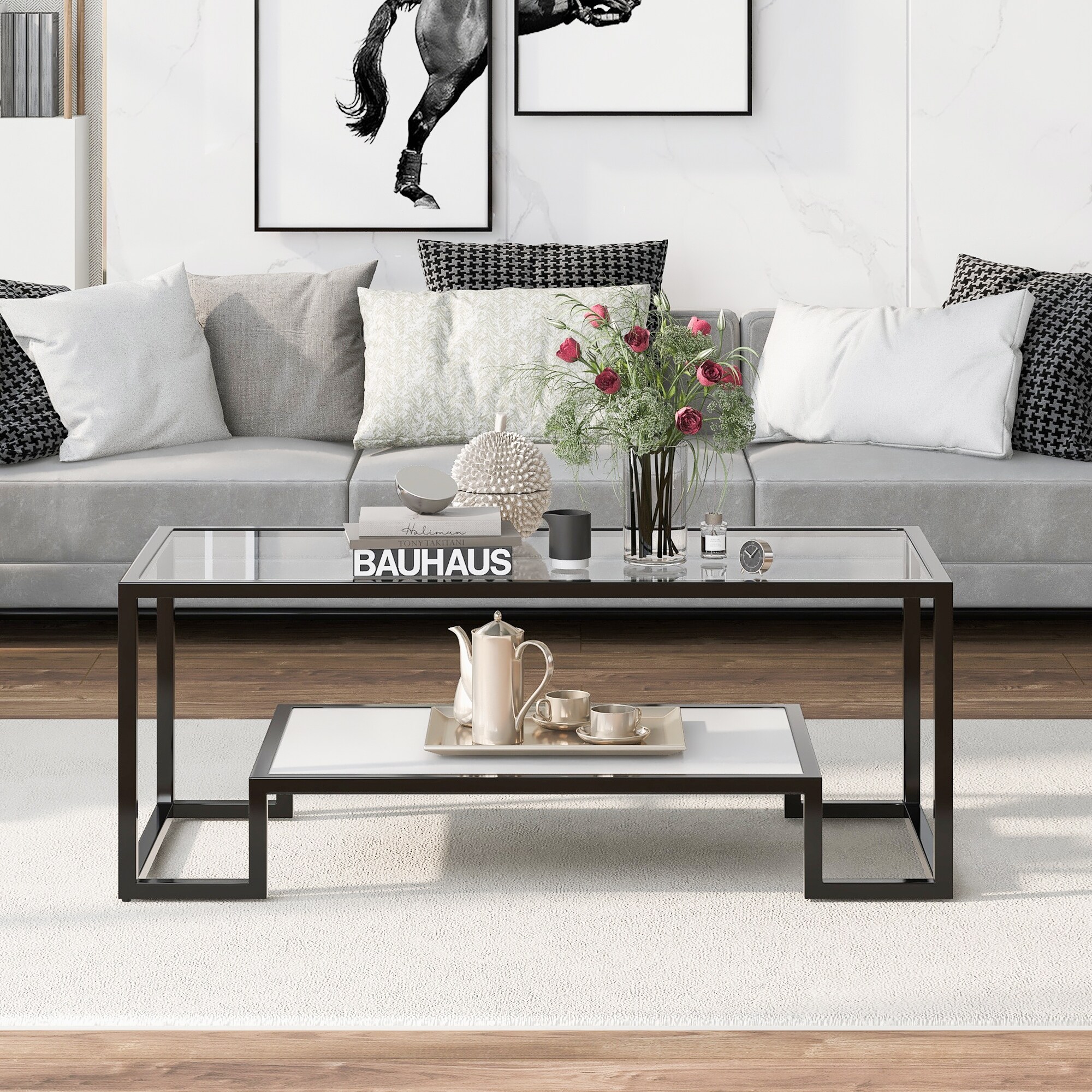 Minimalist Design Living Room Coffee Table Metal with Stained White Tempered Glass 2 Tier Sofa Cocktail Tables Bed Bath Beyond 35852218