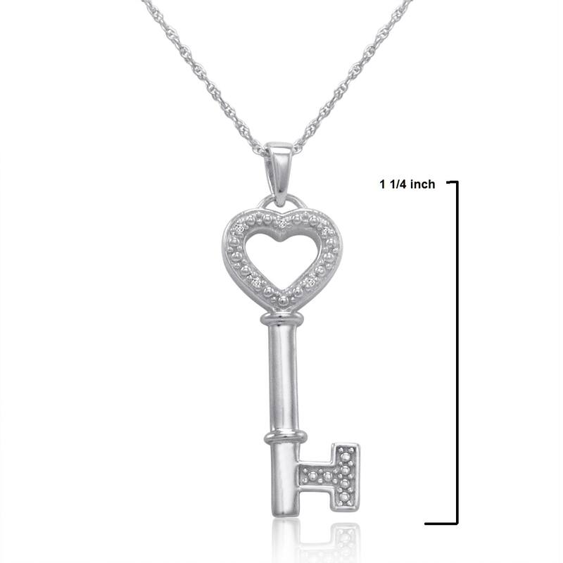 Diamond Key To Hear Heart Pendant Necklace in Sterling Silver 18 inch