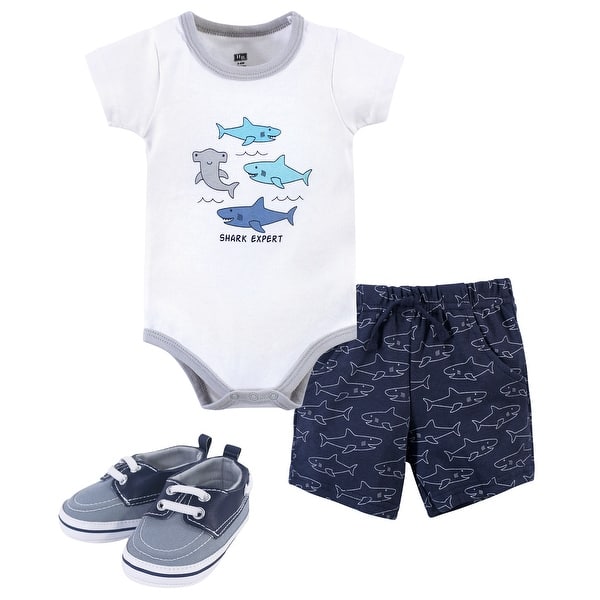 slide 1 of 1, Hudson Baby Infant Boy Cotton Bodysuit, Shorts and Shoe 3pc Set, Shark Expert 0-3 Months - Shark Expert