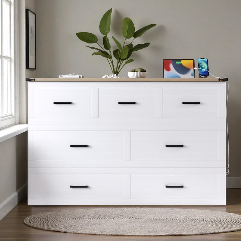 Foldable Murphy Bed Cabinet Full/Queen with USB & Type-C Ports and Storage Drawer for Guest Room