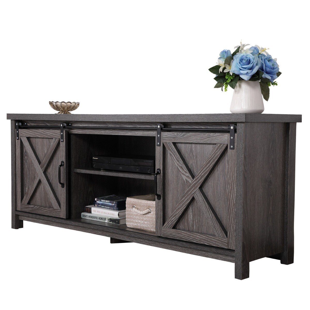 Details about / TV Stand Storage Cabinet With Door Wood Modern Farmhouse Barn Accent Rustic