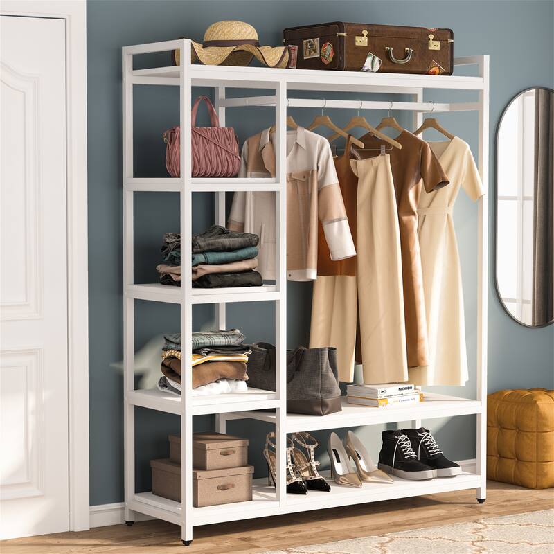 Black/ White Modern Clothes Garment Rack,Metal and Wood Closet Rack Closet Organizer System with Hanging Rod and Shelf - All White