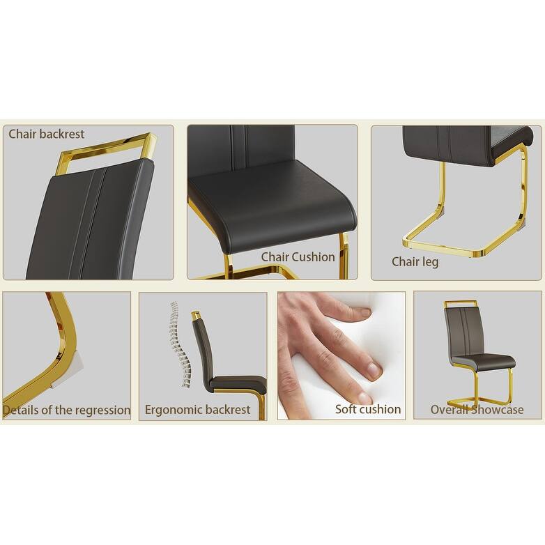 High Back Upholstered Side Chair with C-shaped Tube. Plating Golden Metal Legs (Set of 2) (Grey+PU)