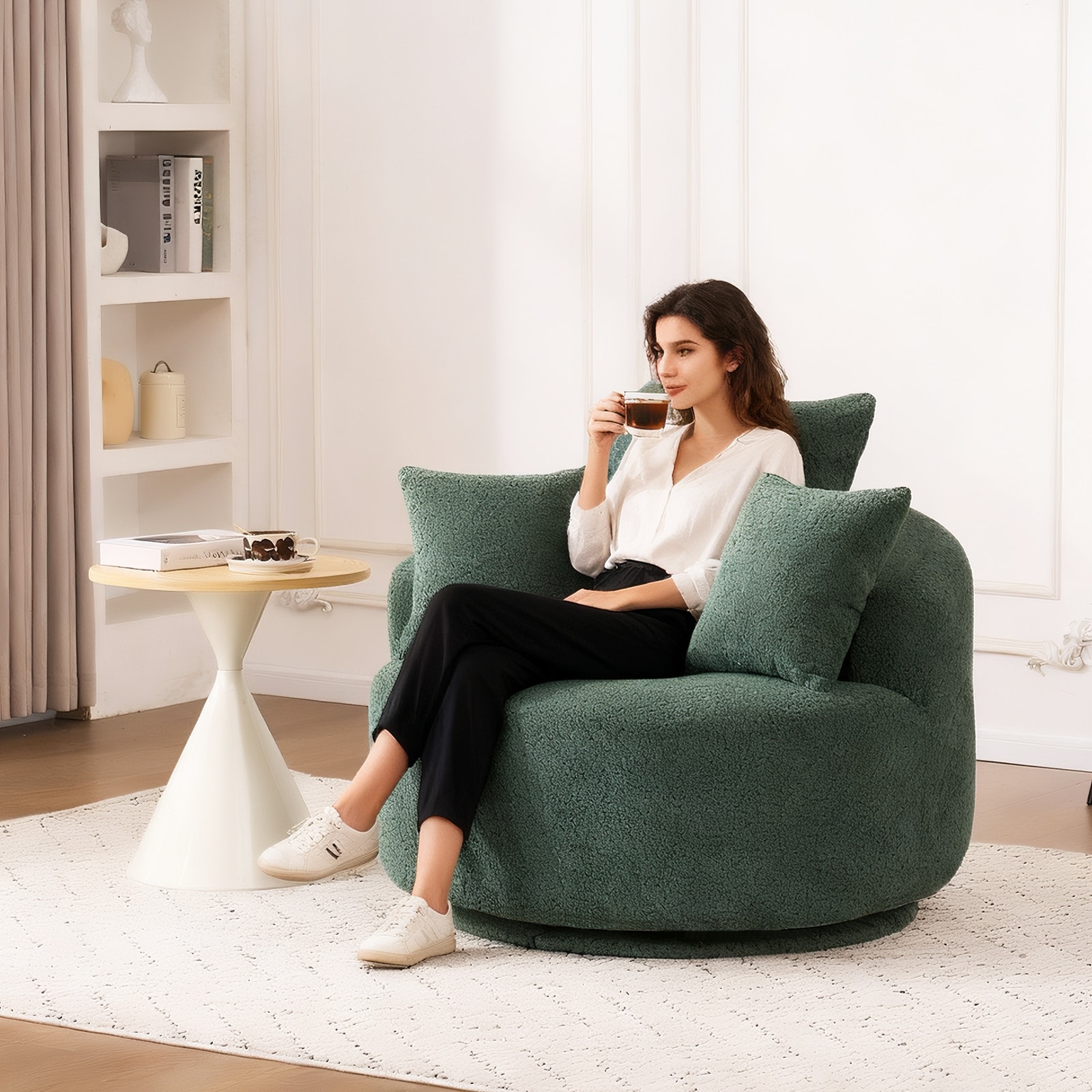 Oversized Swivel Round Barrel Chair, Ergonomic Single Sofa Chair, Upholstered Accent Chair with 3 Removable Pillows