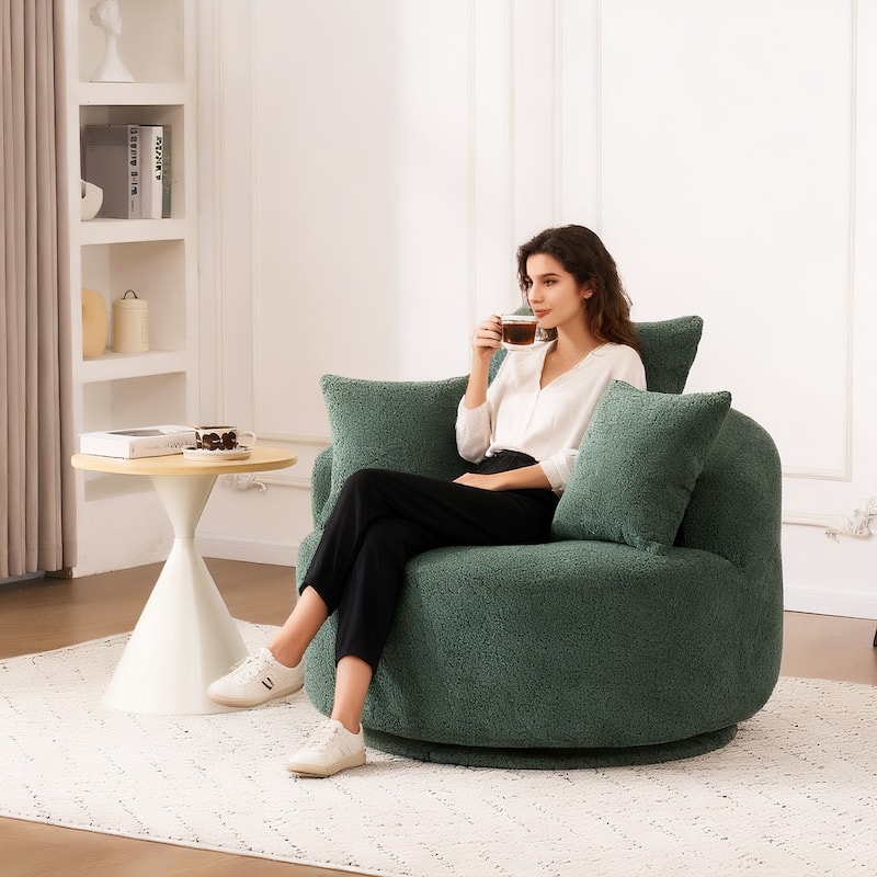 Oversized Swivel Round Barrel Chair, Ergonomic Single Sofa Chair, Upholstered Accent Chair with 3 Removable Pillows - Antique Green