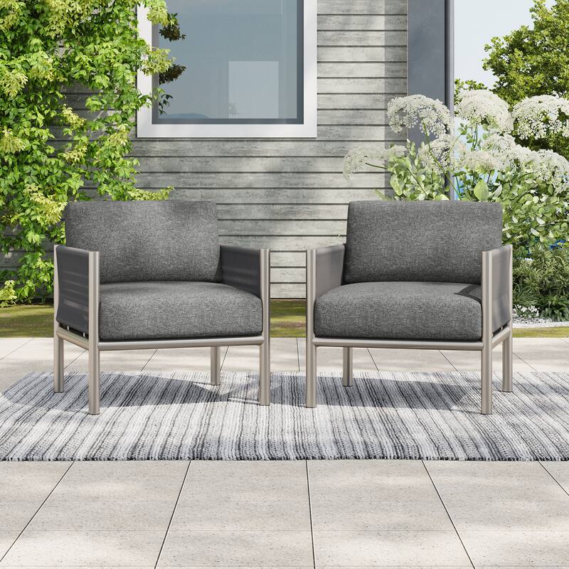 Brickell Outdoor Patio Club Chairs with Cushions by Christopher Knight Home - Dark Grey+Silver-Set of 2