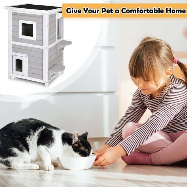 2-Story Wooden Cat House with Escape Door Rainproof - 17.5" x 18" x 31" (L x W x H)
