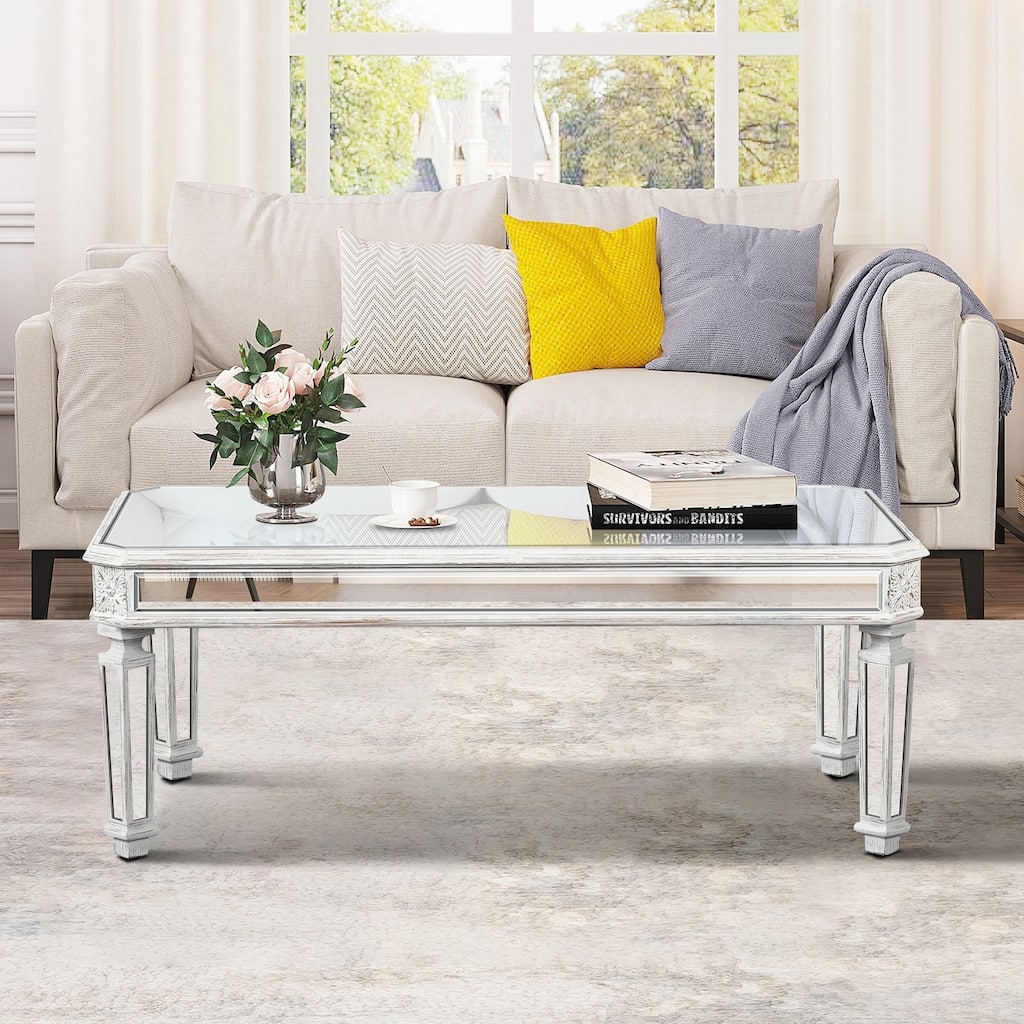 Vintage-Inspired Mirrored Coffee Table with Exquisite Carvings for Living and Office