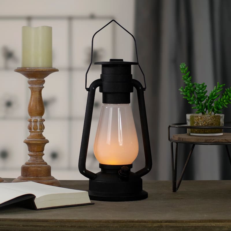 12" Black Battery Operated Faux Flame LED Hurricane Lantern - White