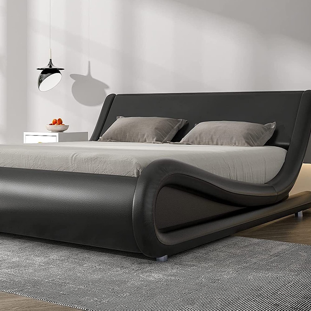 Full Size Bed Frame Upholstered Faux Leather Bed with Headboard, Black ...