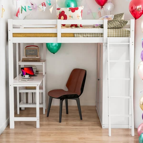 slide 2 of 26, Full Size Loft Bed With Wardrobe and Desk and Shelves,Sturdy Construction White