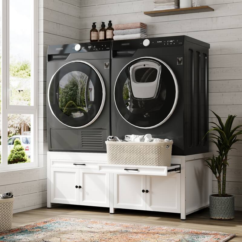 Versatile White Washer Cabinet & Bathroom Cabinet：Spacious Countertop and Storage