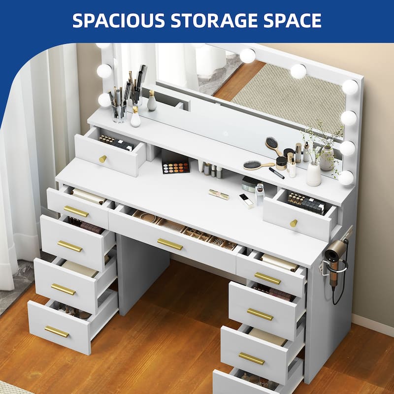 Moasis Large White Vanity Desk with 11 Drawers Mirror Lights USB and Type C Ports for Bedroom