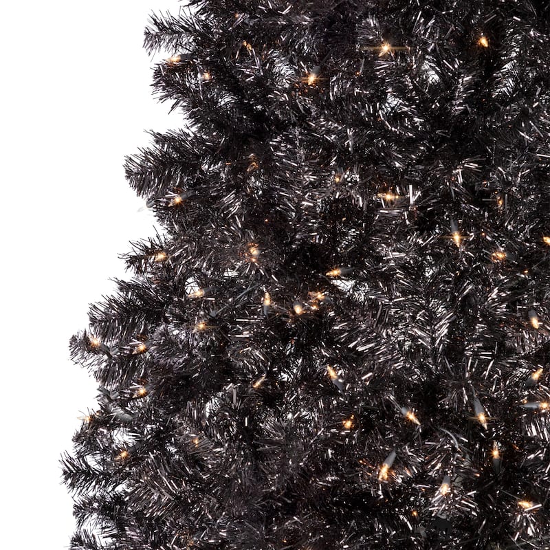 Pre-Lit Artificial Tinsel Halloween Tree - 9' - Black - Clear Lights - 9 Foot