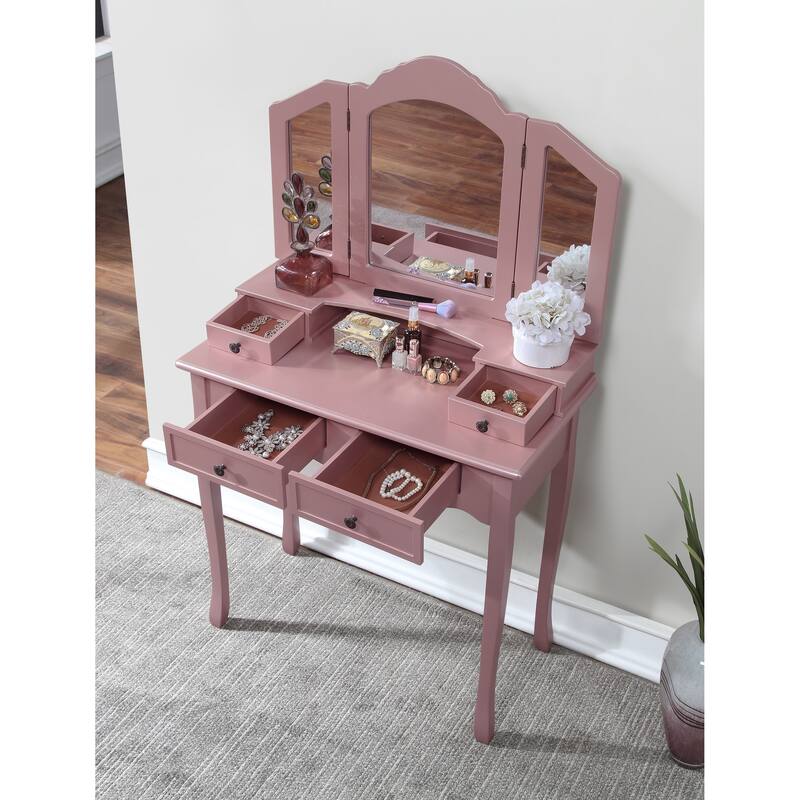 Wooden Vanity Table and Upholstered Stool Set, with 3-Panel Mirror and Ample Storage Drawers