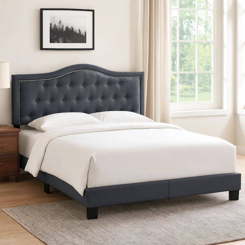 Button Tufted Twin Burlap Bed with Curved Headboard, Charcoal Gray