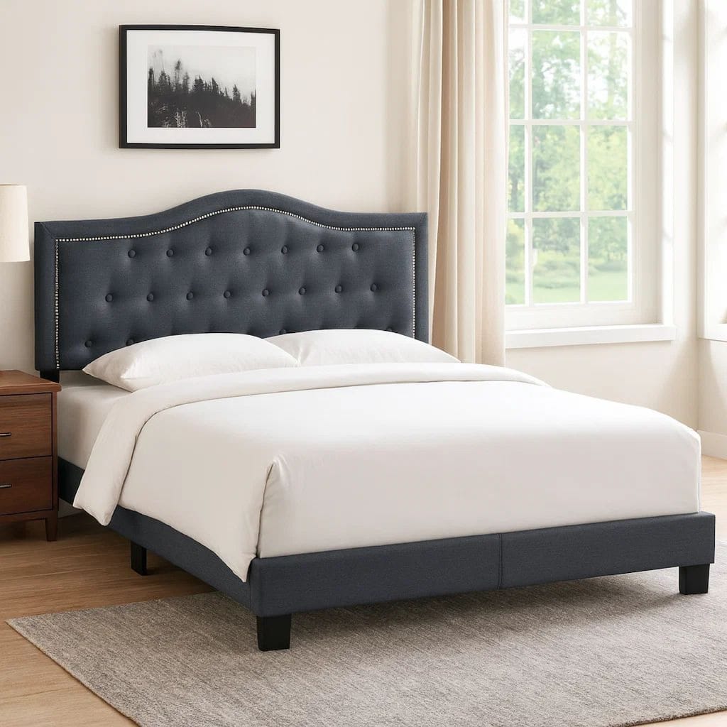 Button Tufted Twin Burlap Bed with Curved Headboard, Charcoal Gray