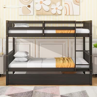 Twin Size Rubber Wood Bunk Bed with Trundle,Convertible into Two Beds